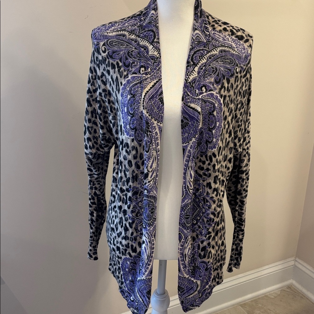 Chico's Gray and Purple Leopard Print Open Cardigan